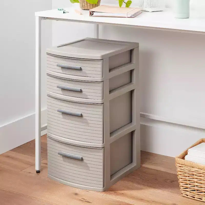 Tour tissée 4 tiroirs gris foncé - Brightroom™ : Organiseur de rangement en plastique, tiroirs utilitaires portables, rangement universel