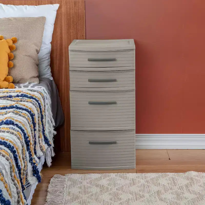 Tour tissée 4 tiroirs gris foncé - Brightroom™ : Organiseur de rangement en plastique, tiroirs utilitaires portables, rangement universel