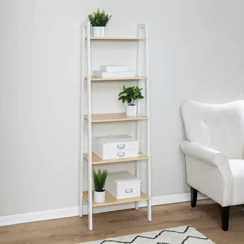 Étagère à 5 niveaux Honey-Can-Do : Étagère échelle blanche, cadre en acier, hauteur de 172 cm, capacité de 22,7 kg, finition plaquée