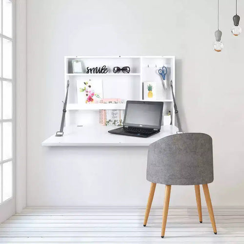 Bureau mural escamotable Murphy 91 x 61 cm Blanc - Prinz : Montage mural moderne, étagère de rangement ouverte, fabrication en MDF
