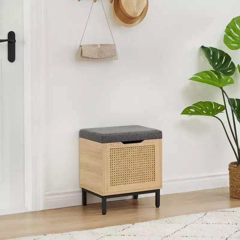 Banc de rangement pour chaussures, banc d'entrée avec boîte de rangement, étagère de rangement pour chaussures en métal et bois avec coussin pour entrée, chambre, couloir