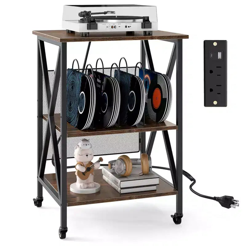 Meuble de rangement pour platine vinyle 3 niveaux Costway avec séparateurs métalliques, étagère réglable et prises de courant