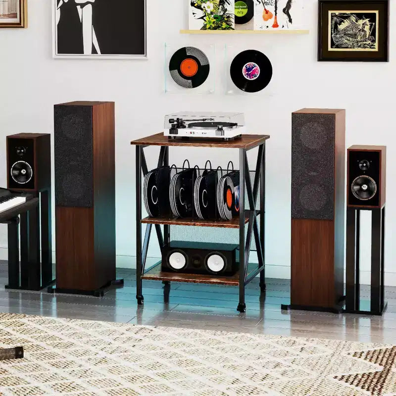 Meuble de rangement pour platine vinyle 3 niveaux Costway avec séparateurs métalliques, étagère réglable et prises de courant