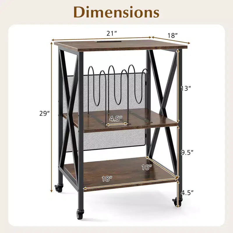 Meuble de rangement pour platine vinyle 3 niveaux Costway avec séparateurs métalliques, étagère réglable et prises de courant