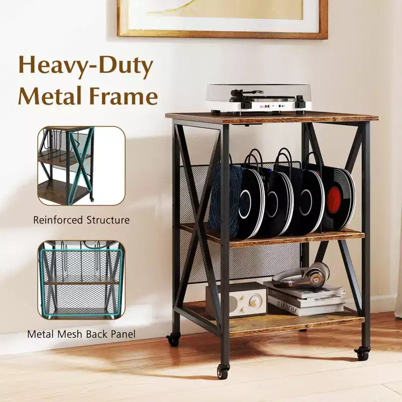 Meuble de rangement pour platine vinyle 3 niveaux Costway avec séparateurs métalliques, étagère réglable et prises de courant