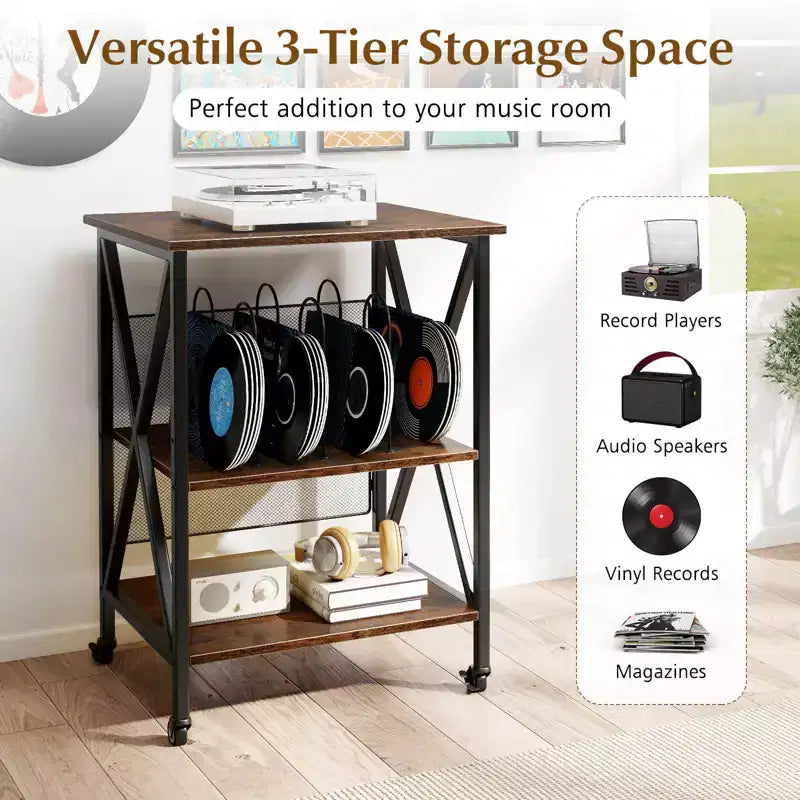 Meuble de rangement pour platine vinyle 3 niveaux Costway avec séparateurs métalliques, étagère réglable et prises de courant
