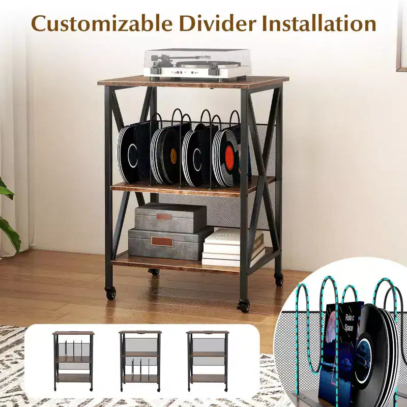 Meuble de rangement pour platine vinyle 3 niveaux Costway avec séparateurs métalliques, étagère réglable et prises de courant