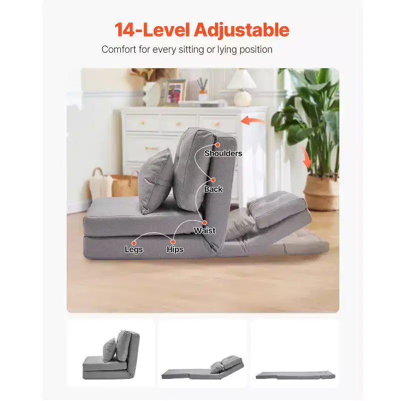 Chaise convertible VEVOR, canapé paresseux de sol réglable 5 positions, lit de canapé rembourré pliant avec cadre en métal et dossier réglable, gris