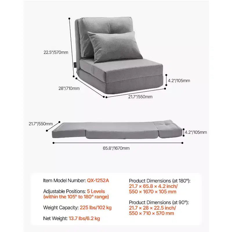 Chaise convertible VEVOR, canapé paresseux de sol réglable 5 positions, lit de canapé rembourré pliant avec cadre en métal et dossier réglable, gris