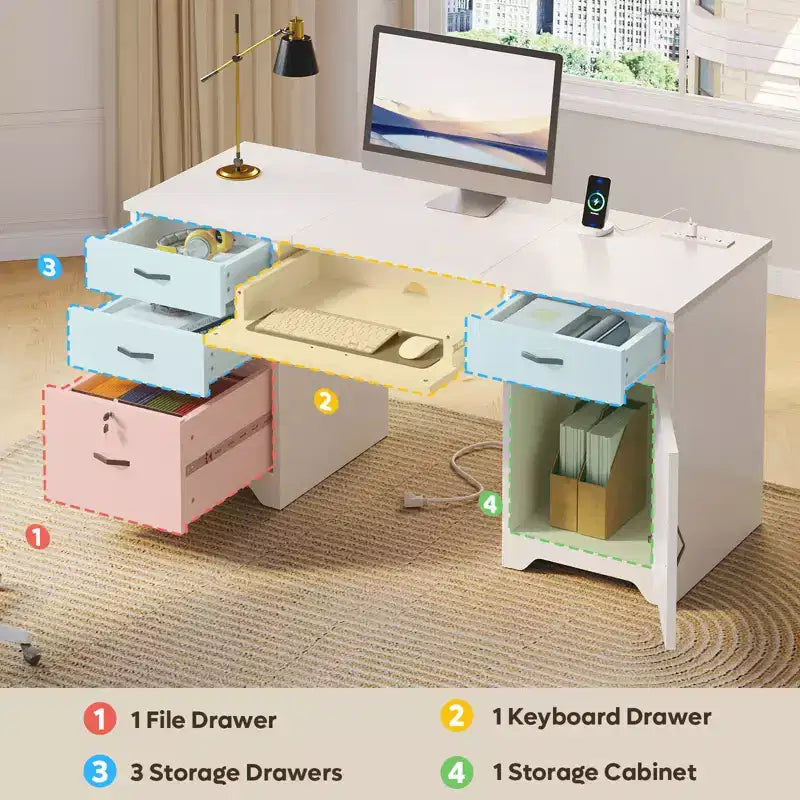 Bestier Bureau de 150 cm avec station de charge et tiroir clavier, Bureau d'ordinateur exécutif moderne avec tiroirs de classement et placards pour étude et chambre à coucher