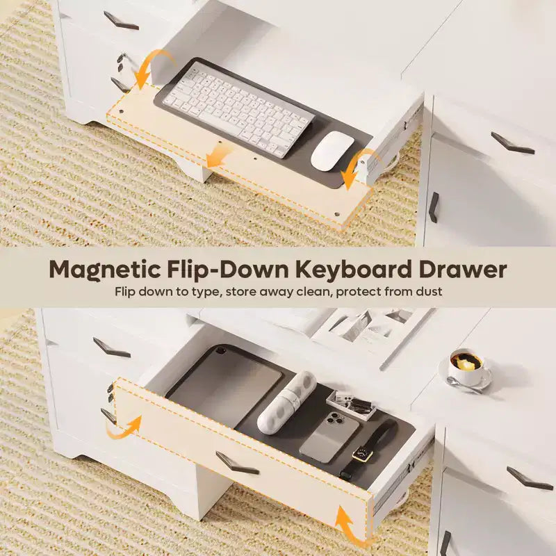 Bestier Bureau de 150 cm avec station de charge et tiroir clavier, Bureau d'ordinateur exécutif moderne avec tiroirs de classement et placards pour étude et chambre à coucher