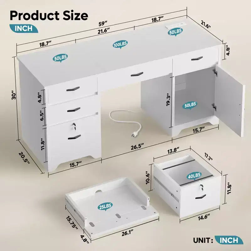 Bestier Bureau de 150 cm avec station de charge et tiroir clavier, Bureau d'ordinateur exécutif moderne avec tiroirs de classement et placards pour étude et chambre à coucher