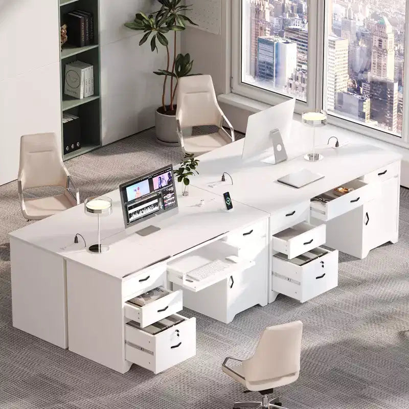 Bestier Bureau de 150 cm avec station de charge et tiroir clavier, Bureau d'ordinateur exécutif moderne avec tiroirs de classement et placards pour étude et chambre à coucher