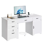 Bestier Bureau de 150 cm avec station de charge et tiroir clavier, Bureau d'ordinateur exécutif moderne avec tiroirs de classement et placards pour étude et chambre à coucher