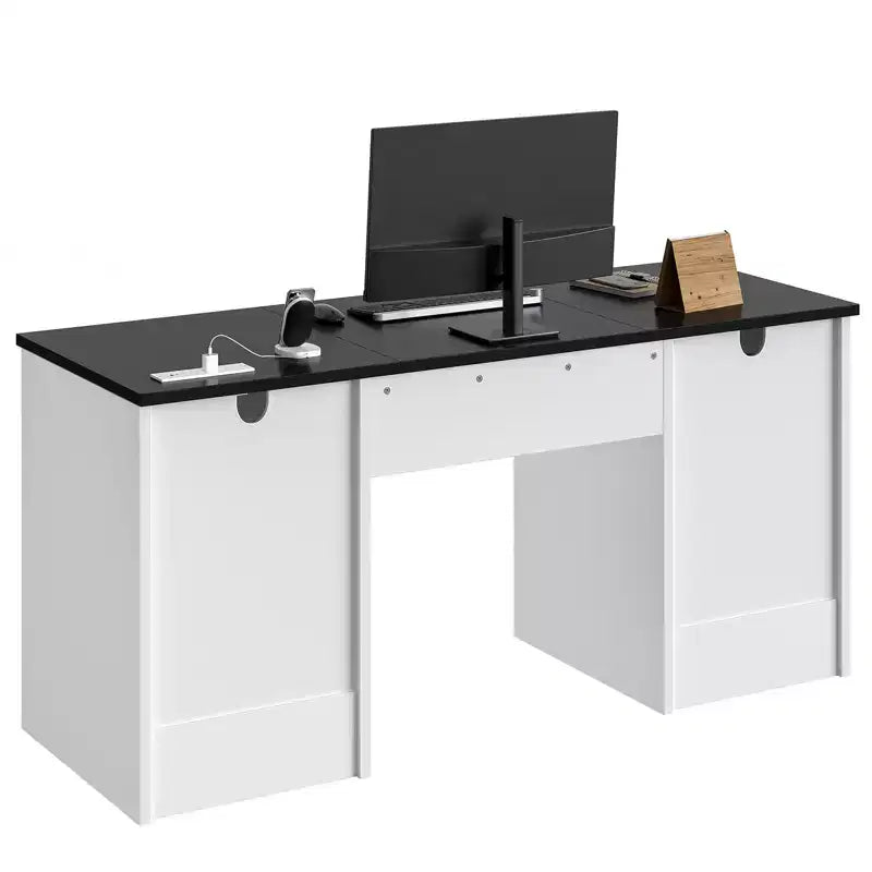 Bestier Bureau de 150 cm avec station de charge et tiroir clavier, Bureau d'ordinateur exécutif moderne avec tiroirs de classement et placards pour étude et chambre à coucher