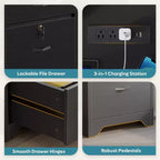 Bestier Bureau de 150 cm avec station de charge et tiroir clavier, Bureau d'ordinateur exécutif moderne avec tiroirs de classement et placards pour étude et chambre à coucher