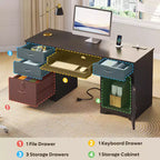 Bestier Bureau de 150 cm avec station de charge et tiroir clavier, Bureau d'ordinateur exécutif moderne avec tiroirs de classement et placards pour étude et chambre à coucher
