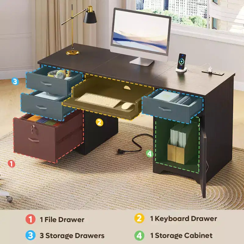 Bestier Bureau de 150 cm avec station de charge et tiroir clavier, Bureau d'ordinateur exécutif moderne avec tiroirs de classement et placards pour étude et chambre à coucher
