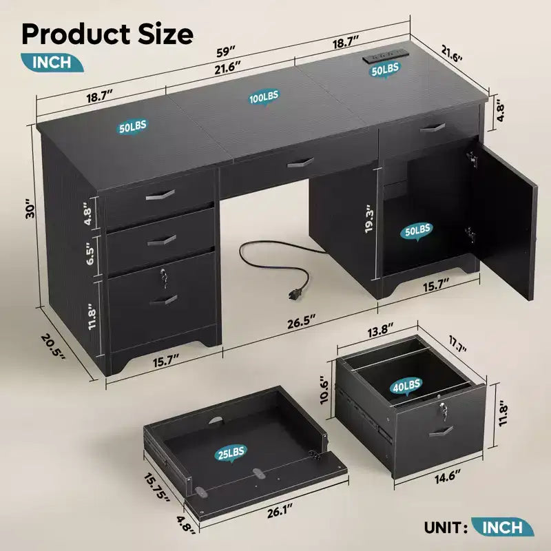 Bestier Bureau de 150 cm avec station de charge et tiroir clavier, Bureau d'ordinateur exécutif moderne avec tiroirs de classement et placards pour étude et chambre à coucher