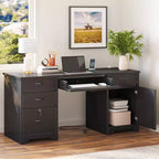 Bestier Bureau de 150 cm avec station de charge et tiroir clavier, Bureau d'ordinateur exécutif moderne avec tiroirs de classement et placards pour étude et chambre à coucher