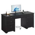 Bestier Bureau de 150 cm avec station de charge et tiroir clavier, Bureau d'ordinateur exécutif moderne avec tiroirs de classement et placards pour étude et chambre à coucher