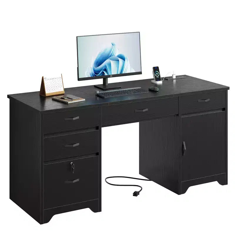 Bestier Bureau de 150 cm avec station de charge et tiroir clavier, Bureau d'ordinateur exécutif moderne avec tiroirs de classement et placards pour étude et chambre à coucher