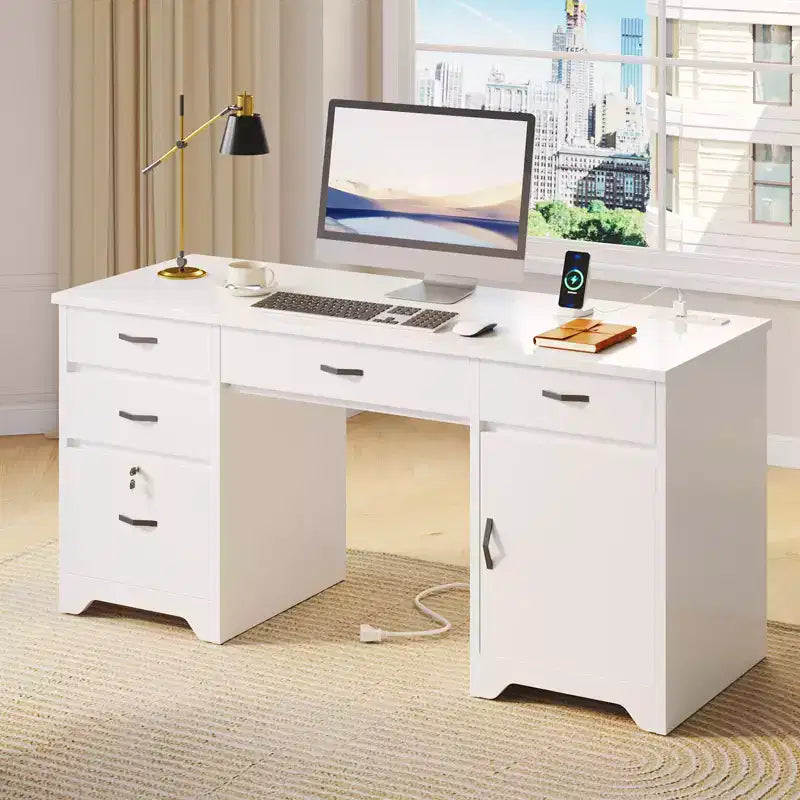 Bestier Bureau de 150 cm avec station de charge et tiroir clavier, Bureau d'ordinateur exécutif moderne avec tiroirs de classement et placards pour étude et chambre à coucher