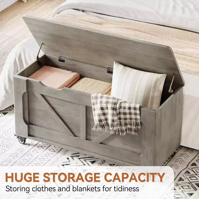 Banc de rangement à 4 roulettes, coffre à couvertures en bois de 100 cm avec 2 charnières de sécurité, coins arrondis, supporte 159 kg, pour entrée, salon, chambre à coucher