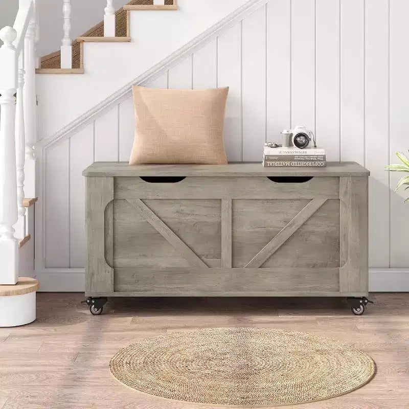 Banc de rangement à 4 roulettes, coffre à couvertures en bois de 100 cm avec 2 charnières de sécurité, coins arrondis, supporte 159 kg, pour entrée, salon, chambre à coucher