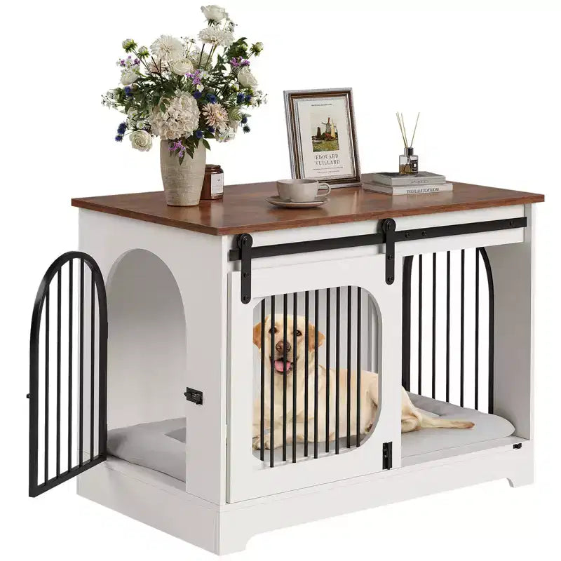 Meuble Cage pour Chien - Niche en Bois avec 3 Portes et Tapis de Couchage, Table d'Appoint Multifonctionnelle