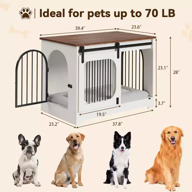 Meuble Cage pour Chien - Niche en Bois avec 3 Portes et Tapis de Couchage, Table d'Appoint Multifonctionnelle