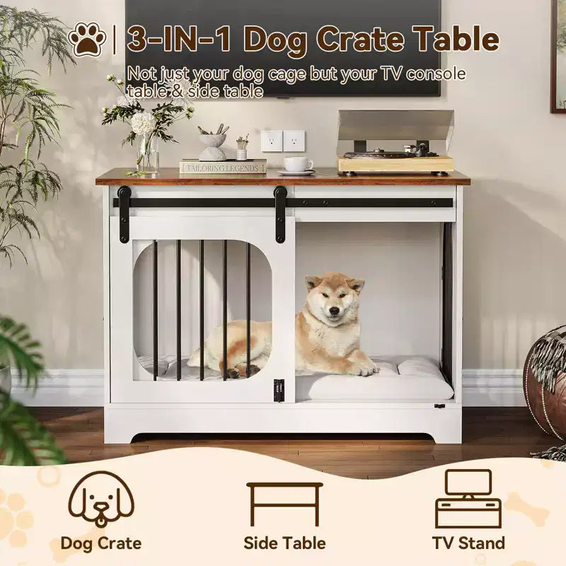 Meuble Cage pour Chien - Niche en Bois avec 3 Portes et Tapis de Couchage, Table d'Appoint Multifonctionnelle