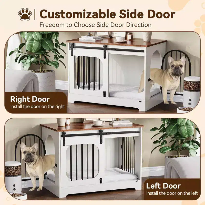Meuble Cage pour Chien - Niche en Bois avec 3 Portes et Tapis de Couchage, Table d'Appoint Multifonctionnelle