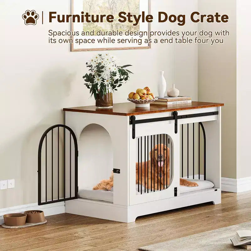 Meuble Cage pour Chien - Niche en Bois avec 3 Portes et Tapis de Couchage, Table d'Appoint Multifonctionnelle