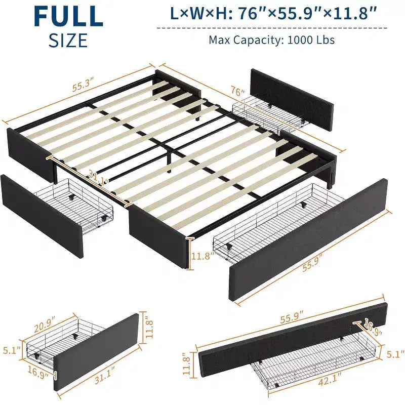Cadre de lit avec 3 tiroirs de rangement, lit plateforme tapissé en tissu, support à lattes en bois, pas besoin de sommier, silencieux, montage facile, gris