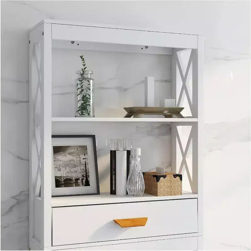 Meuble de rangement de salle de bain Acekool sur toilettes avec 1 tiroir et 2 étagères ouvertes, étagère de rangement en bois autoportante pour salle de bain blanc