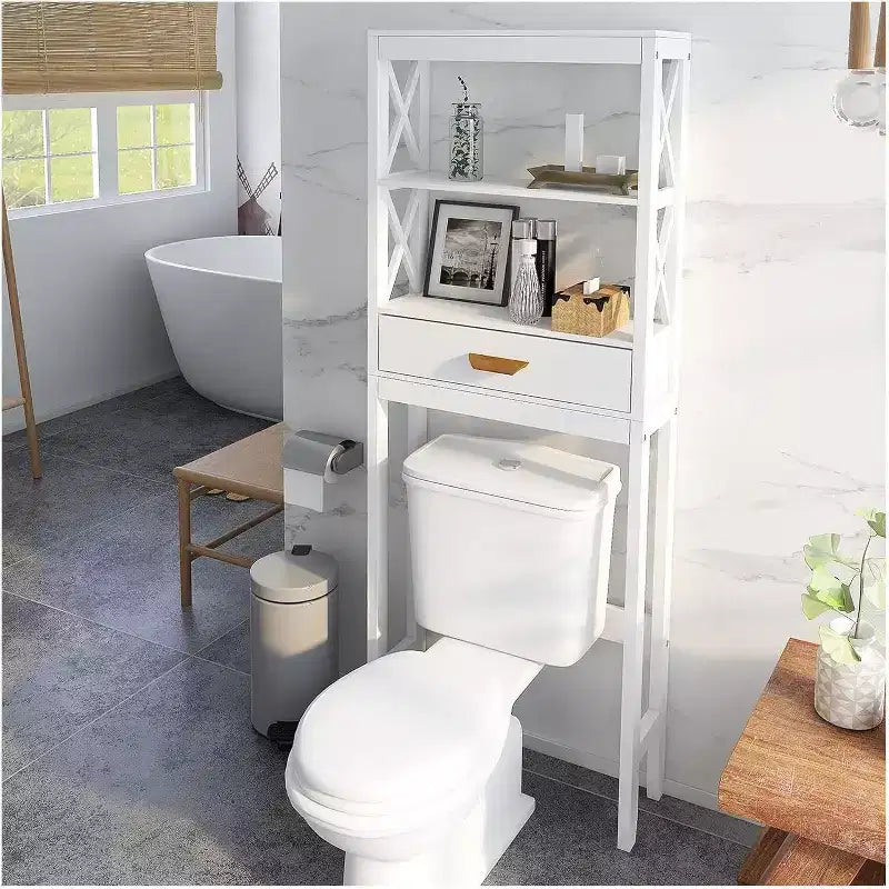 Meuble de rangement de salle de bain Acekool sur toilettes avec 1 tiroir et 2 étagères ouvertes, étagère de rangement en bois autoportante pour salle de bain blanc