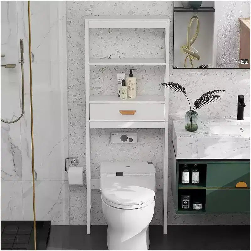 Meuble de rangement de salle de bain Acekool sur toilettes avec 1 tiroir et 2 étagères ouvertes, étagère de rangement en bois autoportante pour salle de bain blanc