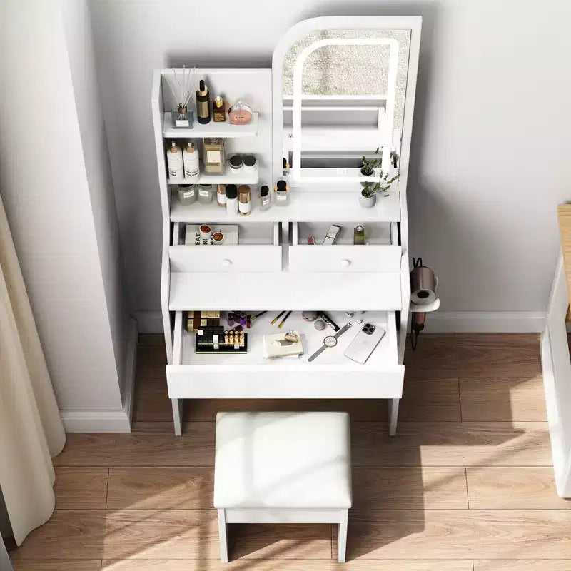 Coiffeuse moderne GDFStudio Draxen avec miroir, éclairage DEL, support pour sèche-cheveux, 3 tiroirs et étagères ouvertes