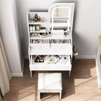Coiffeuse moderne GDFStudio Draxen avec miroir, éclairage DEL, support pour sèche-cheveux, 3 tiroirs et étagères ouvertes