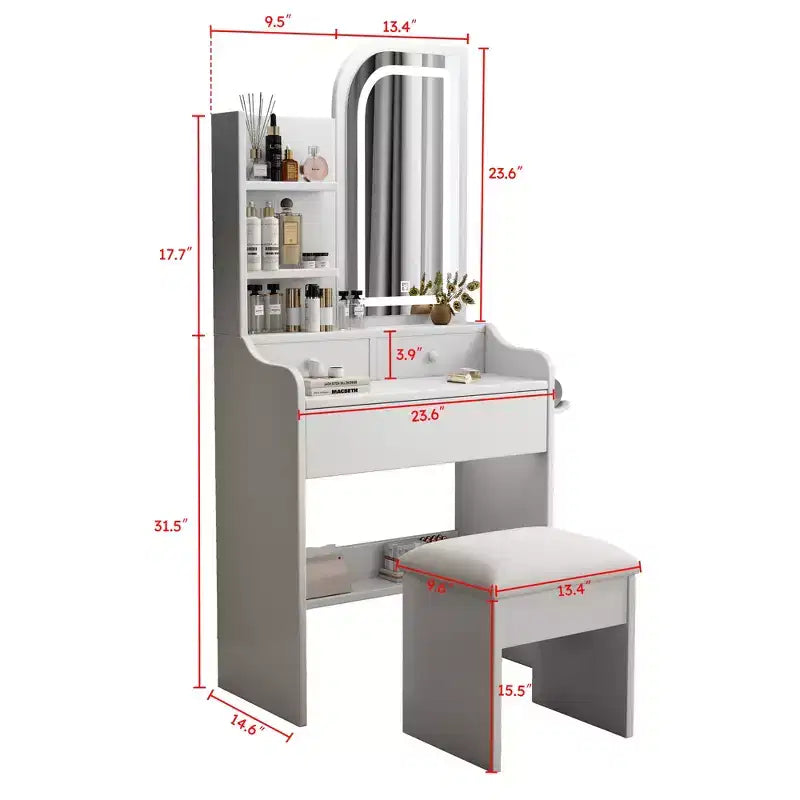 Coiffeuse moderne GDFStudio Draxen avec miroir, éclairage DEL, support pour sèche-cheveux, 3 tiroirs et étagères ouvertes