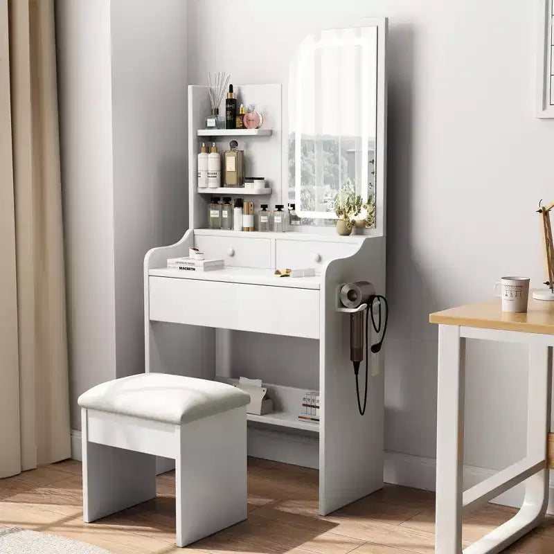 Coiffeuse moderne GDFStudio Draxen avec miroir, éclairage DEL, support pour sèche-cheveux, 3 tiroirs et étagères ouvertes