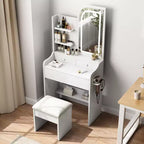 Coiffeuse moderne GDFStudio Draxen avec miroir, éclairage DEL, support pour sèche-cheveux, 3 tiroirs et étagères ouvertes