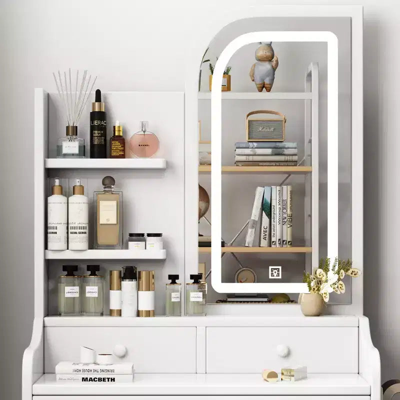 Coiffeuse moderne GDFStudio Draxen avec miroir, éclairage DEL, support pour sèche-cheveux, 3 tiroirs et étagères ouvertes