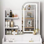 Coiffeuse moderne GDFStudio Draxen avec miroir, éclairage DEL, support pour sèche-cheveux, 3 tiroirs et étagères ouvertes