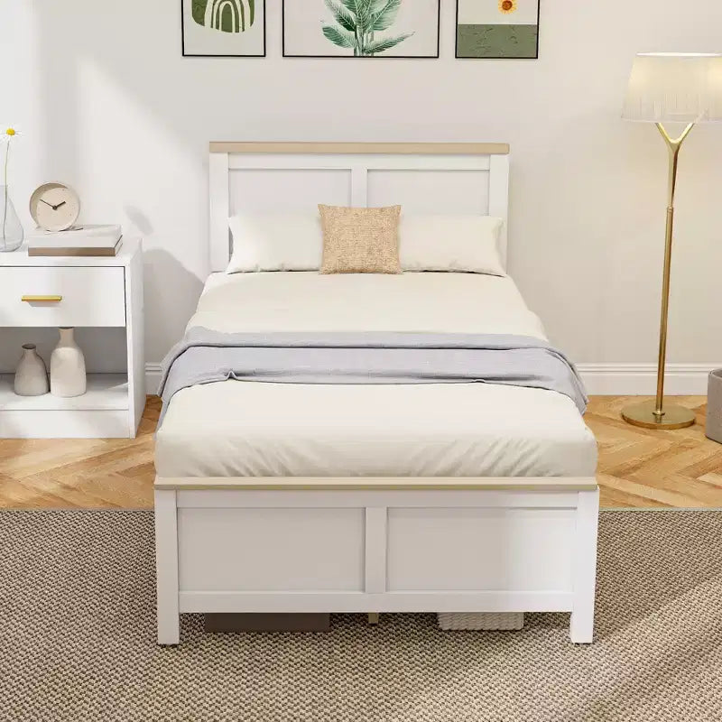 Cadre de lit HOMCOM avec tête de lit et pied de lit, plateforme de lit avec lattes en bois, aucun sommier tapissier requis, montage facile, blanc