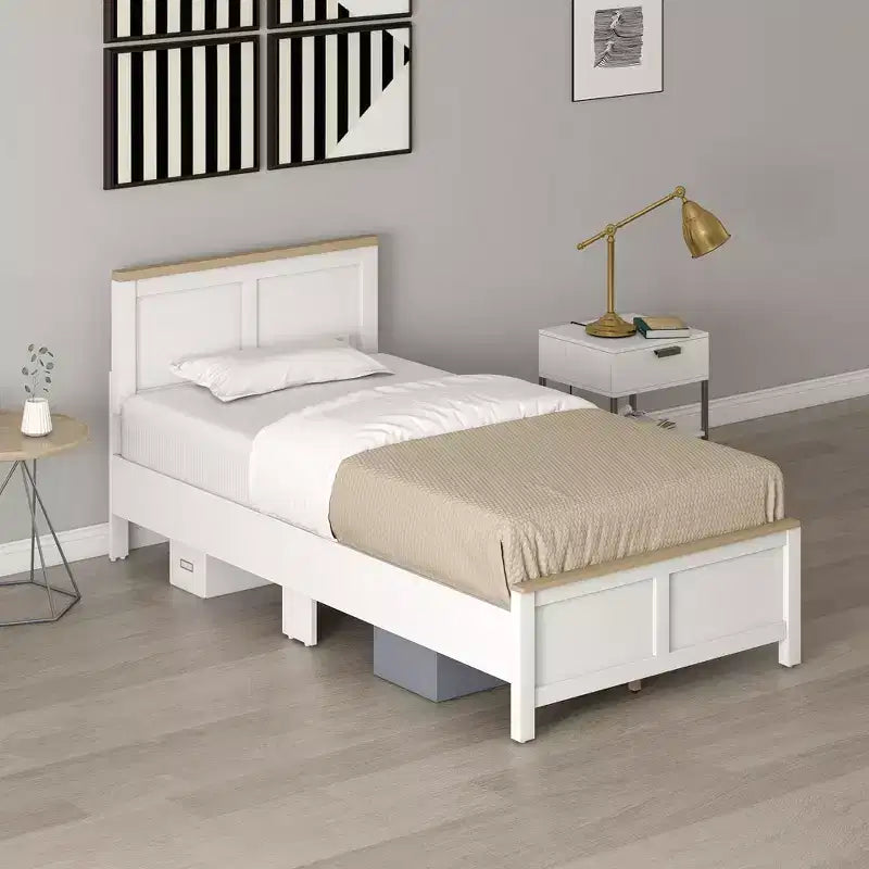 Cadre de lit HOMCOM avec tête de lit et pied de lit, plateforme de lit avec lattes en bois, aucun sommier tapissier requis, montage facile, blanc