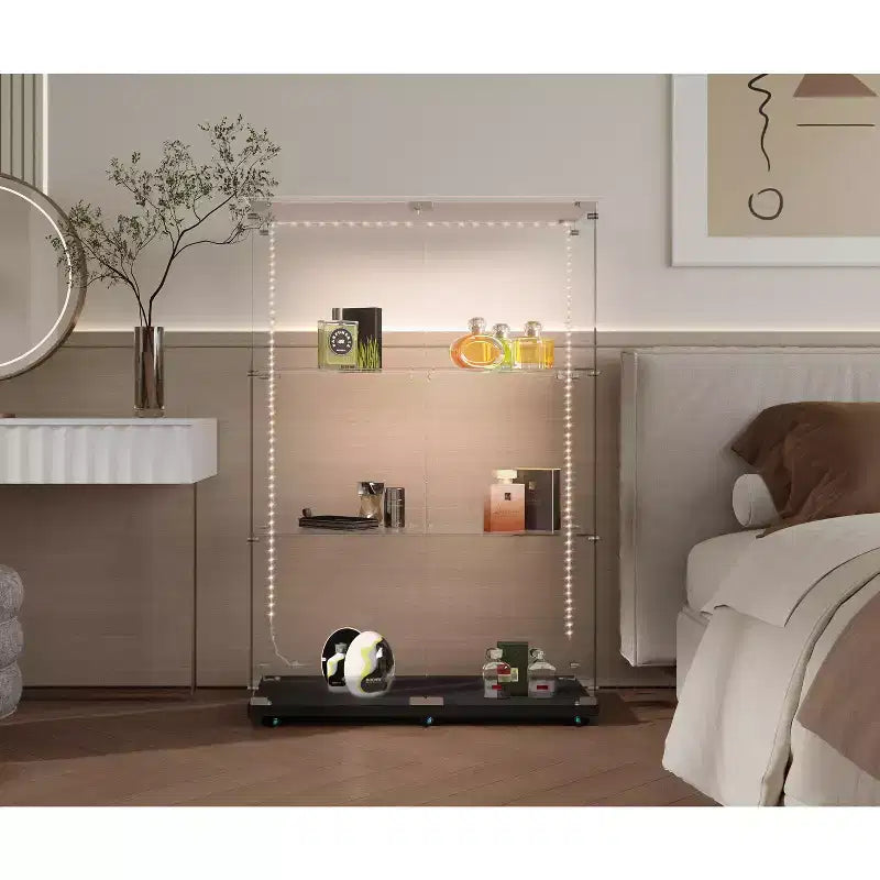 MAYEERTY Vitrine en verre trempé, armoire de rangement pour vin, dessus en verre trempé avec bande lumineuse LED pour chambre, couloir, bureau, noir