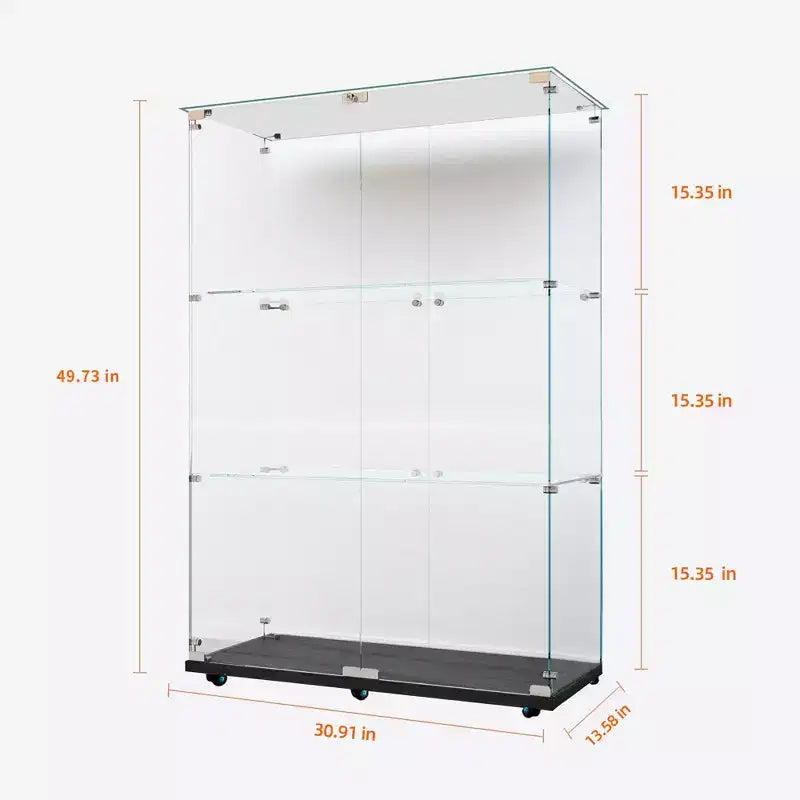 MAYEERTY Vitrine en verre trempé, armoire de rangement pour vin, dessus en verre trempé avec bande lumineuse LED pour chambre, couloir, bureau, noir