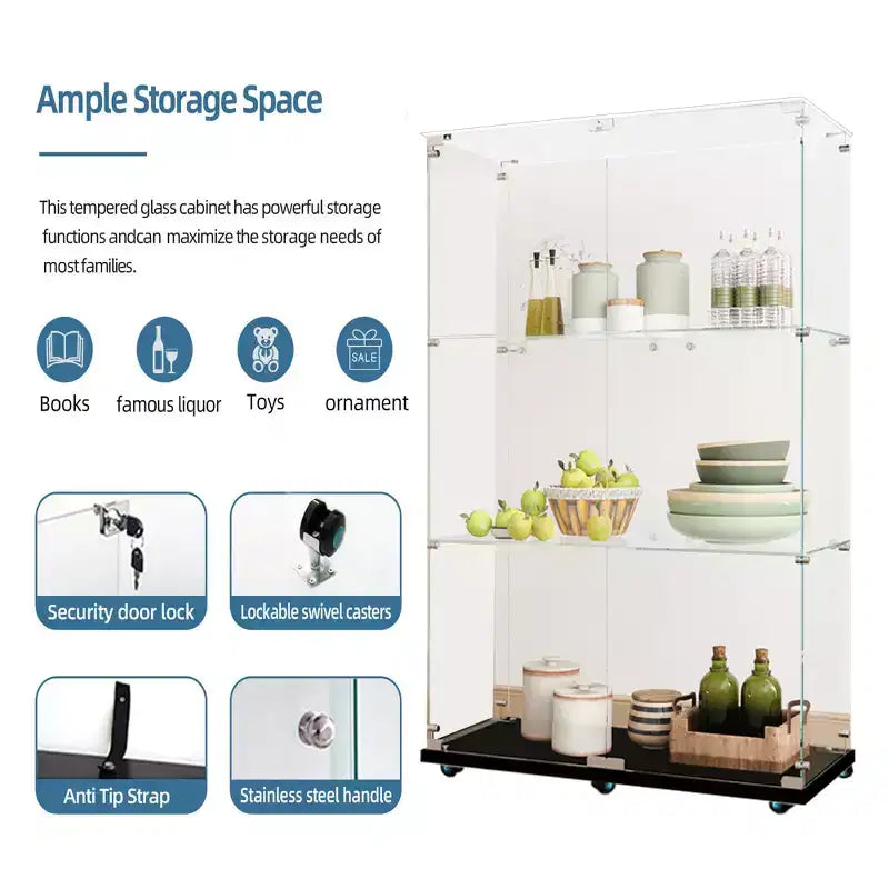 MAYEERTY Vitrine en verre trempé, armoire de rangement pour vin, dessus en verre trempé avec bande lumineuse LED pour chambre, couloir, bureau, noir